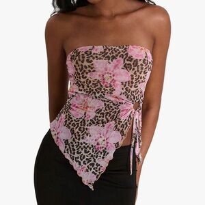 Pink Floral Leopard Print Strapless Top